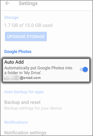 turn auto add on to sync photos to new android phone