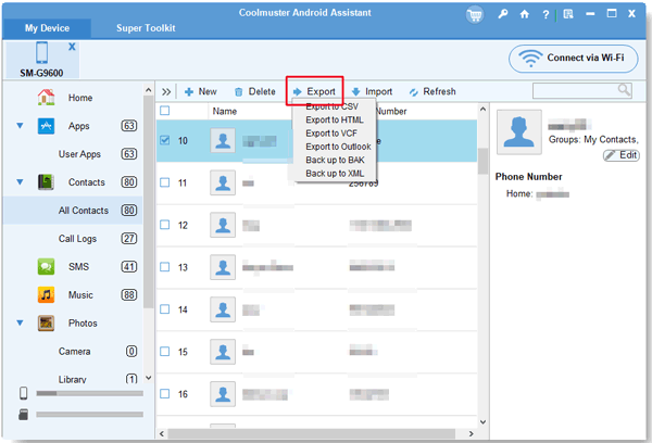 backup contacts from android phone to pc under my device menu