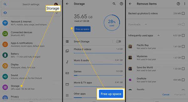 utiliser le gestionnaire d'espace intégré à Android