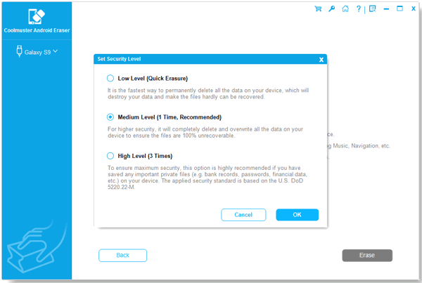 set security level for android data erasing