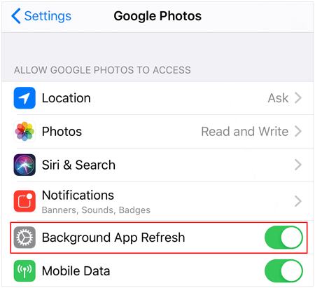 allow google photos to refresh itself in the background on iphone