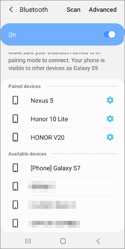 activer le Bluetooth et envoyer des données à Samsung
