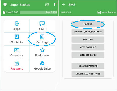 backup call log android with super backup