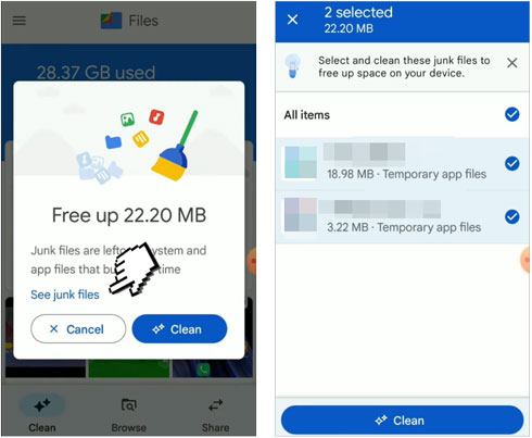 remove temporary files from android mobile via files by google