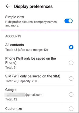 find the missing Huawei contacts via the settings app