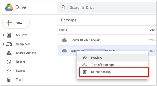 remove whatsapp backup file from google drive on a computer