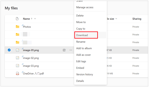 enregistrer des photos à partir d'une sauvegarde OneDrive