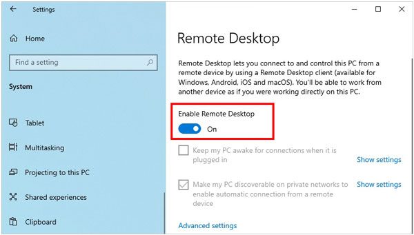 enable remote desktop on pc