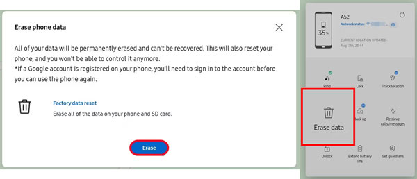 erase all data from android phone remotely with smartthings find