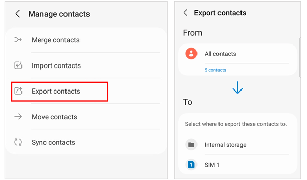 export contacts to samsung internal storage