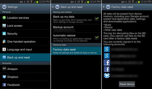 delete documents and data on samsung via factory reset