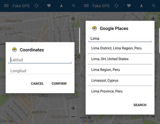 emplacement simulé sur Android via un faux GPS 360