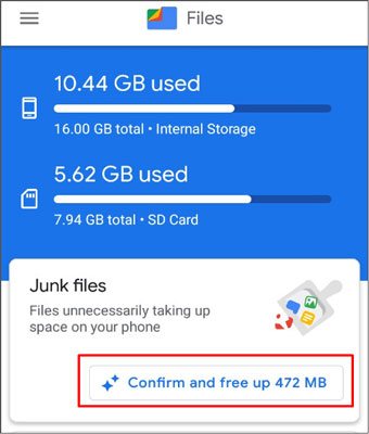 remove junk files on android via files by google