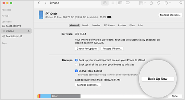 Finderを使用してiPhoneをMacコンピュータにバックアップします