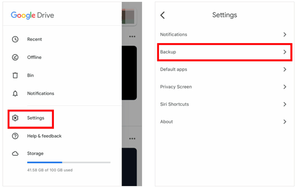 Wählen Sie die Sicherungseinstellungen in der Google Drive-App