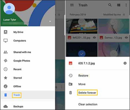 how to delete deleted photos from google dirve on android