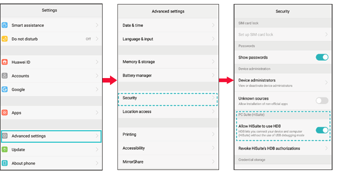 enable hdb feature to retrieve deleted messages on huawei with huawei hisuite