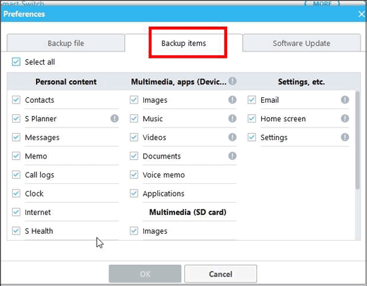 select the contacts category before the transfer