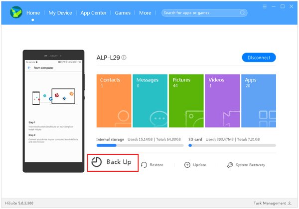 huawei hisuite で huawei データをバックアップする