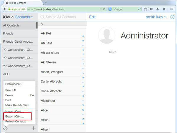 export icloud contacts in the format of vcard