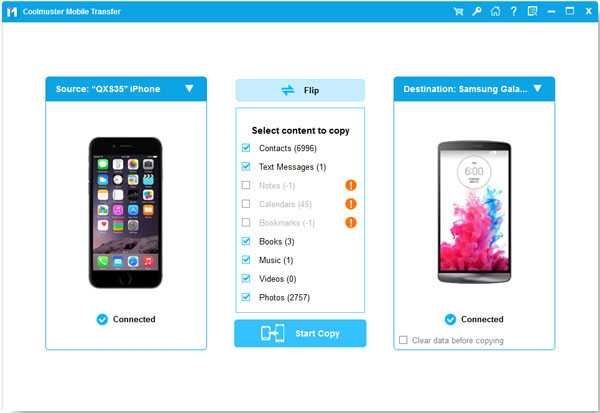 correct the sides of two phones while using samsung data transfer