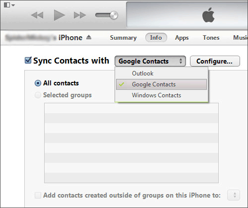 envoyer des contacts iPhone à Sony en utilisant iTunes