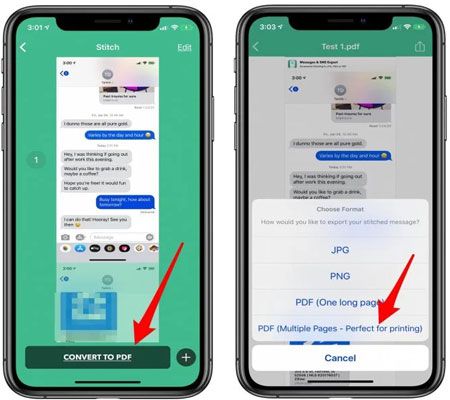 Drucken Sie Textnachrichten vom iPhone für Gericht auf dem iPhone über die App „Nachrichten und SMS-Export als PDF“.