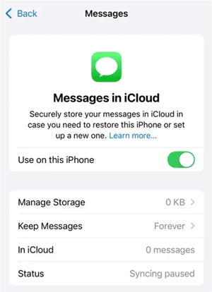 启用 iCloud 上的消息同步