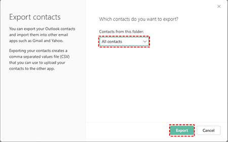 exporter des contacts avec l'application Web Outlook