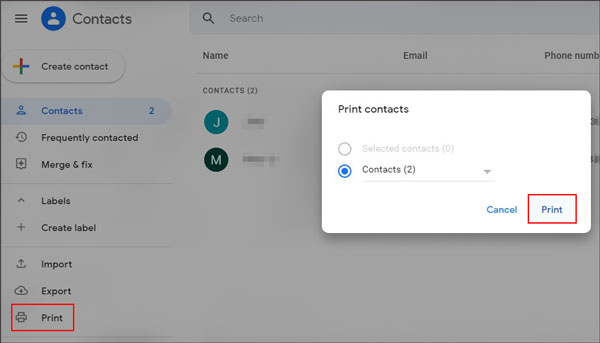 imprimer la liste de contacts depuis un téléphone Android avec les contacts Google