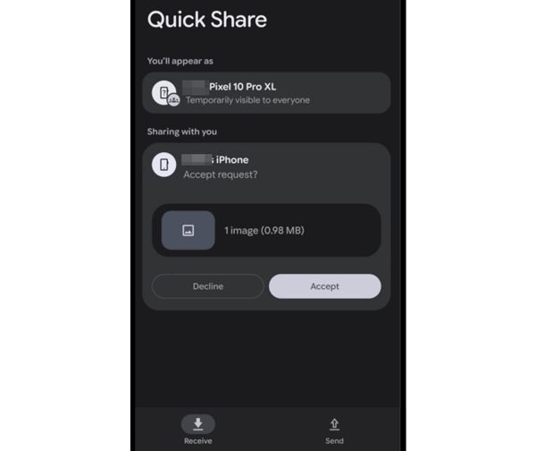 accept the images on android with quick share