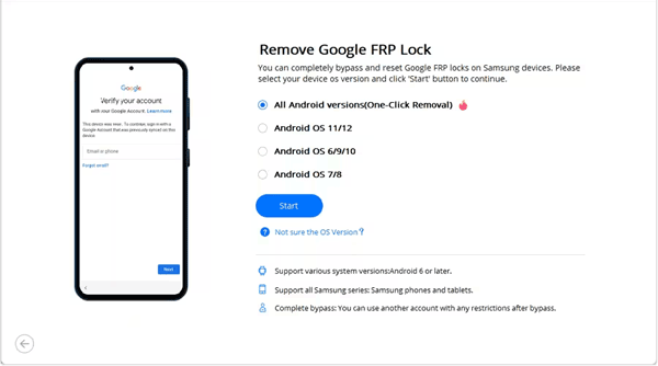 sélectionnez la version du système d'exploitation Android pour supprimer le verrouillage frp