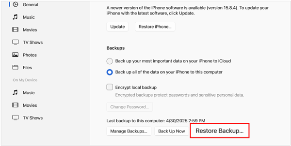 restore backup sms to iphone with apple devices app