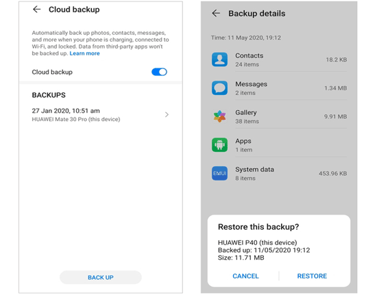 restore cloud backup to huawei