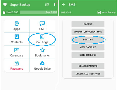 restore android call logs with super backup and restore