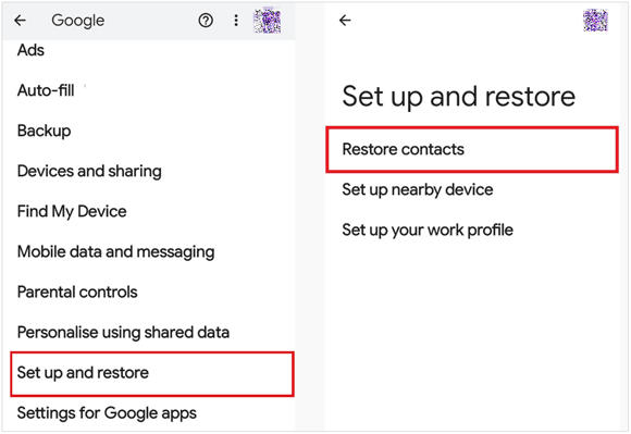 restore google contacts with android settings