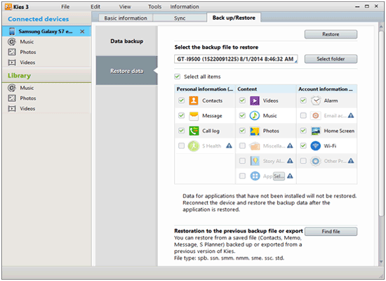 restore data to samsung device via kies