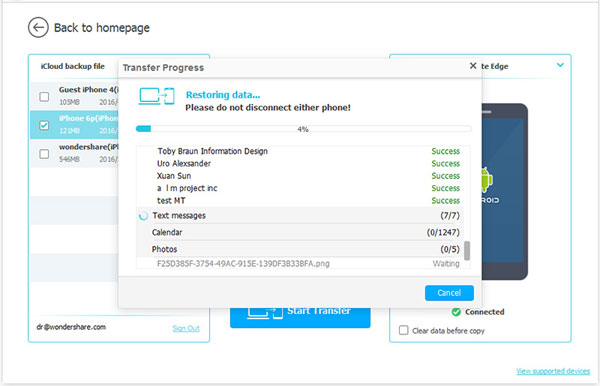 start to transfer icloud contacts to android