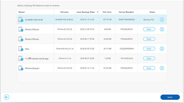 select backup file from the list