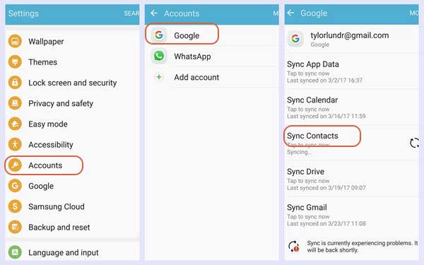 transfer contacts between samsung phones using google account