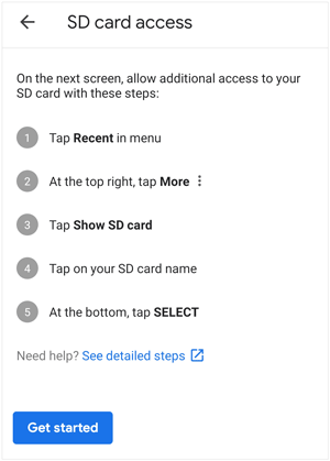 turn on sd card  access on google photos settings