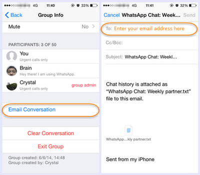 電子メール経由で Android に送信する whatsapp チャットを選択します