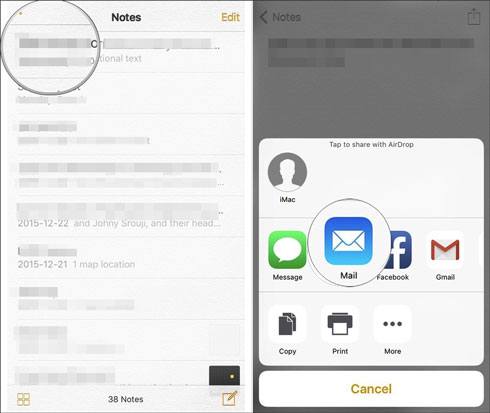 exporter des notes d'un iphone à un autre par e-mail