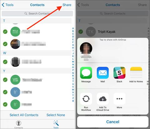 partager des contacts sur iPhone par e-mail