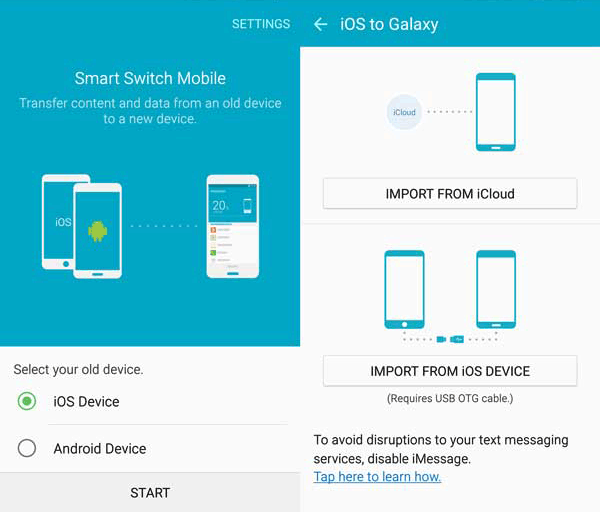 select ios device and tap on start on smart switch screen