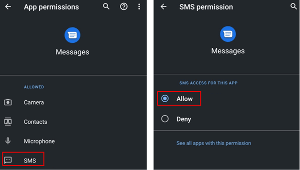 accorder des autorisations aux sms