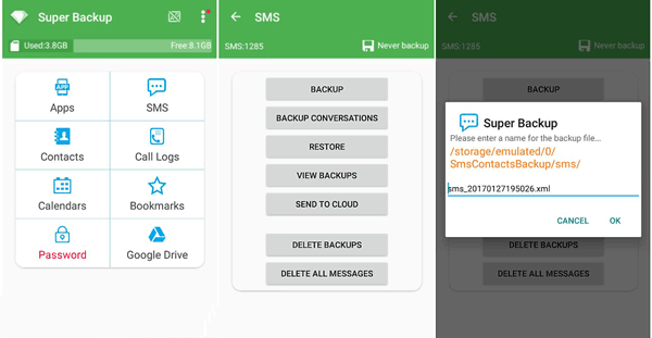 print sms from android using super backup app