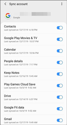 sync data to the samsung phone via google account