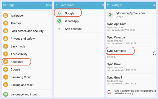 sync contacts from gmail on samsung device