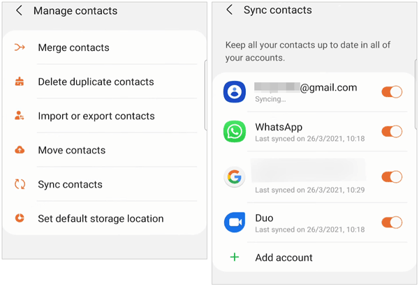 synchroniser les contacts Samsung avec le compte Google sur l'application Contacts